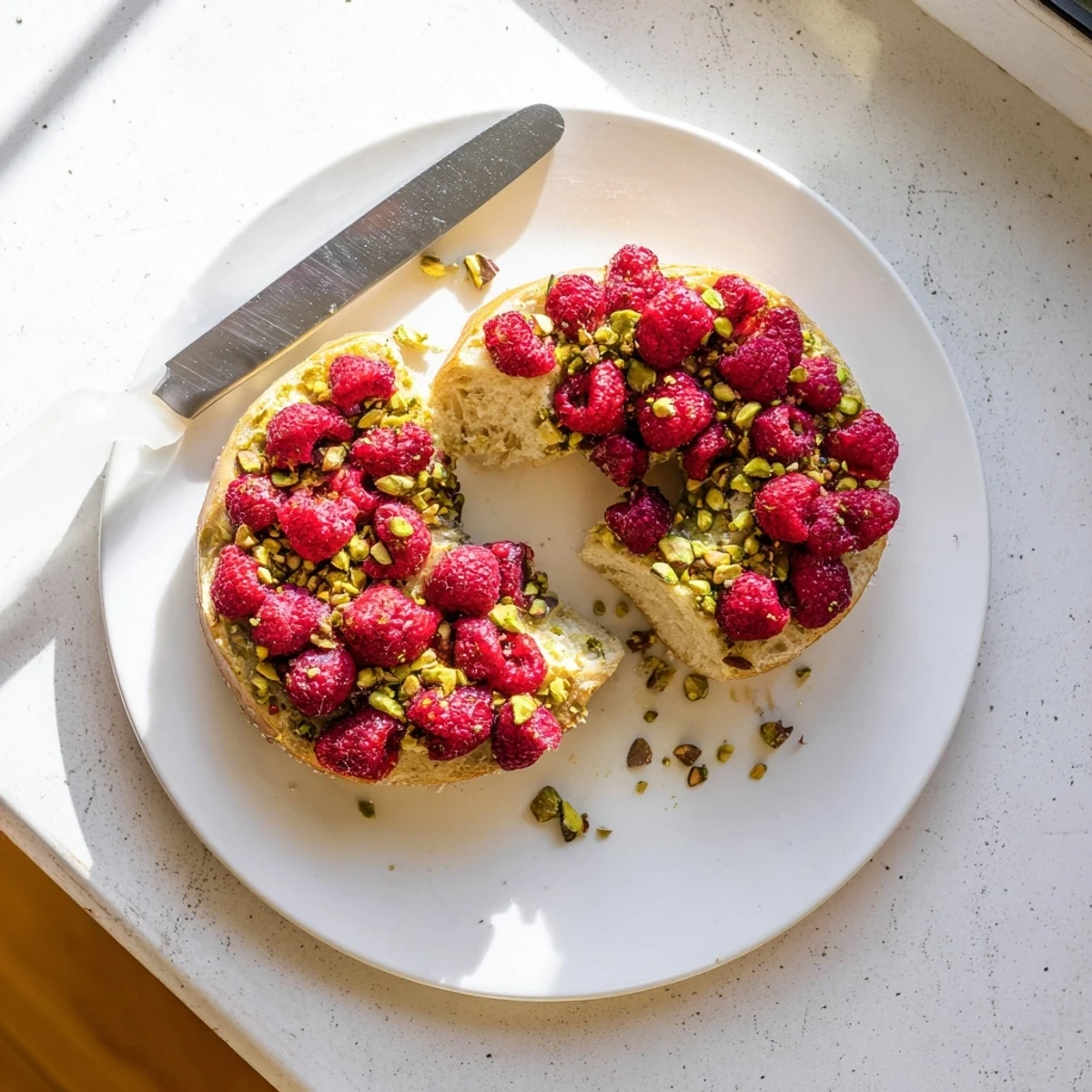 Golden brown raspberry pistachio sourdough bagels topped with chopped nuts and freeze-dried fruit
