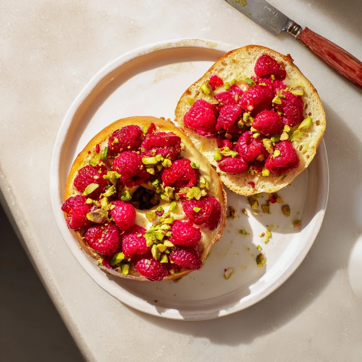 Freshly baked sourdough bagels with raspberry swirls and crunchy pistachios on wooden board