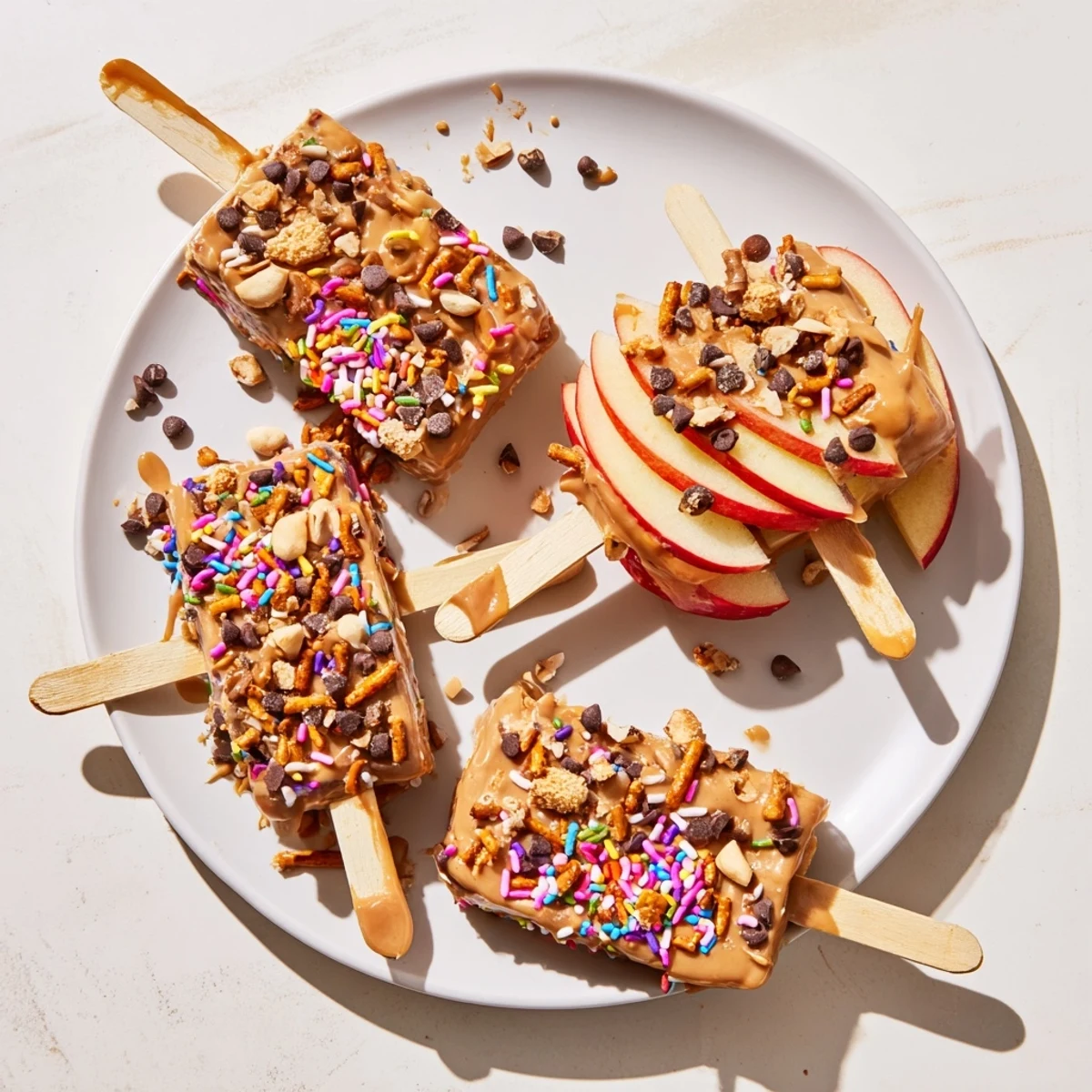 Crisp apple slices coated in creamy peanut butter and warm caramel sprinkled with colorful rainbow sprinkles for parties