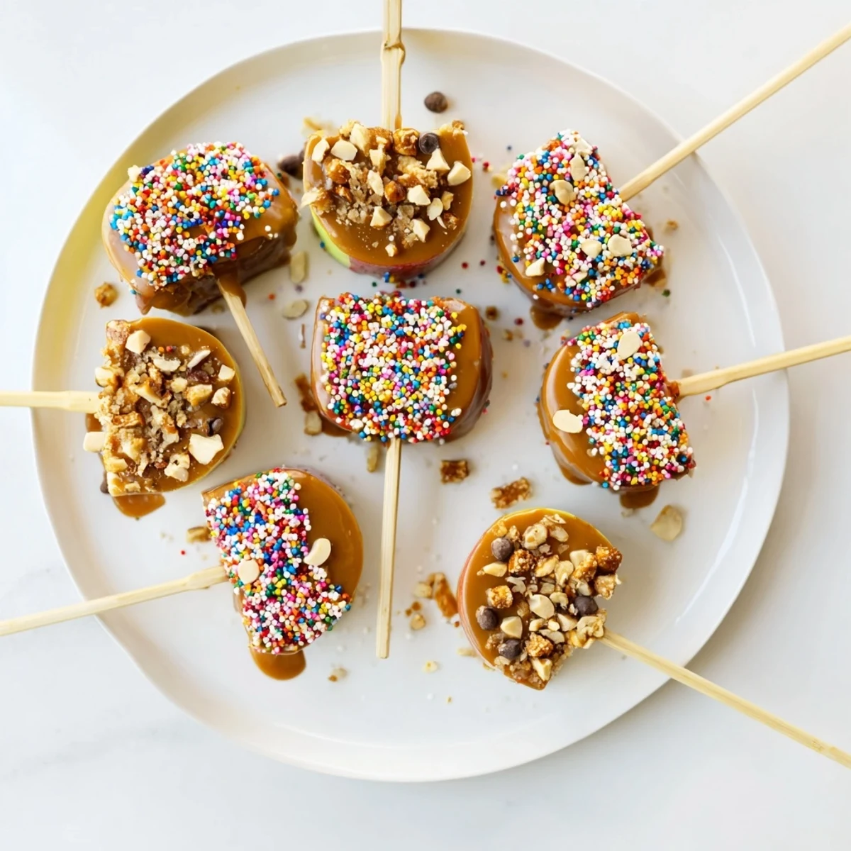 Homemade Peanut Butter Caramel Apple Pops arranged on parchment paper featuring mini chocolate chips and crushed pretzel toppings