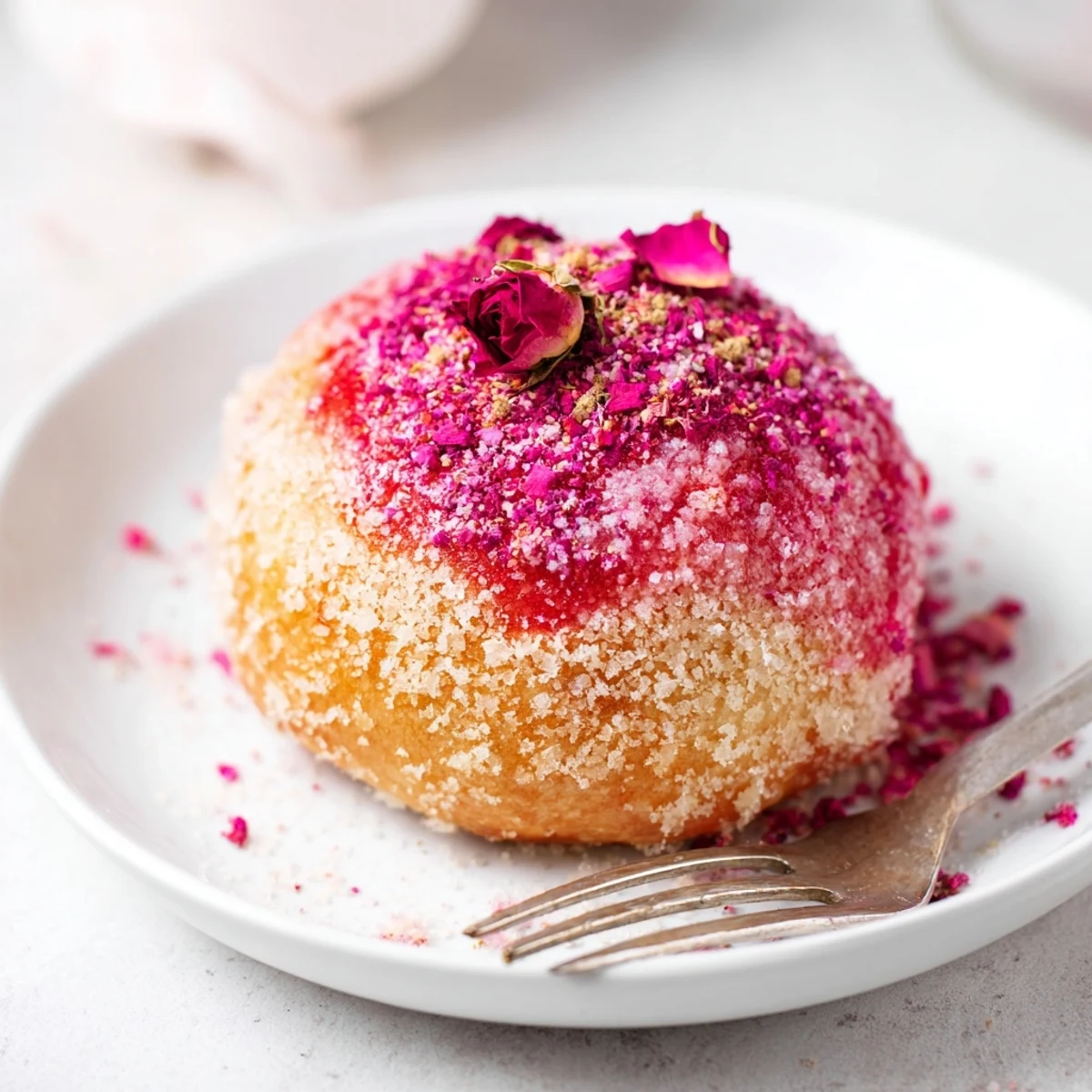 Golden raspberry and rose cheesecake buns with fresh berries and rose petal topping