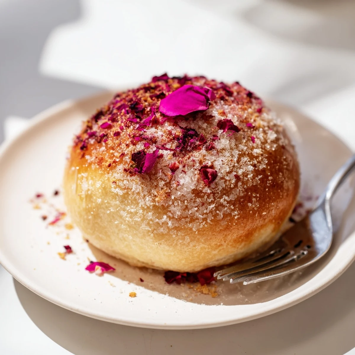 Freshly baked rose and raspberry cheesecake buns sprinkled with sugar and edible flowers
