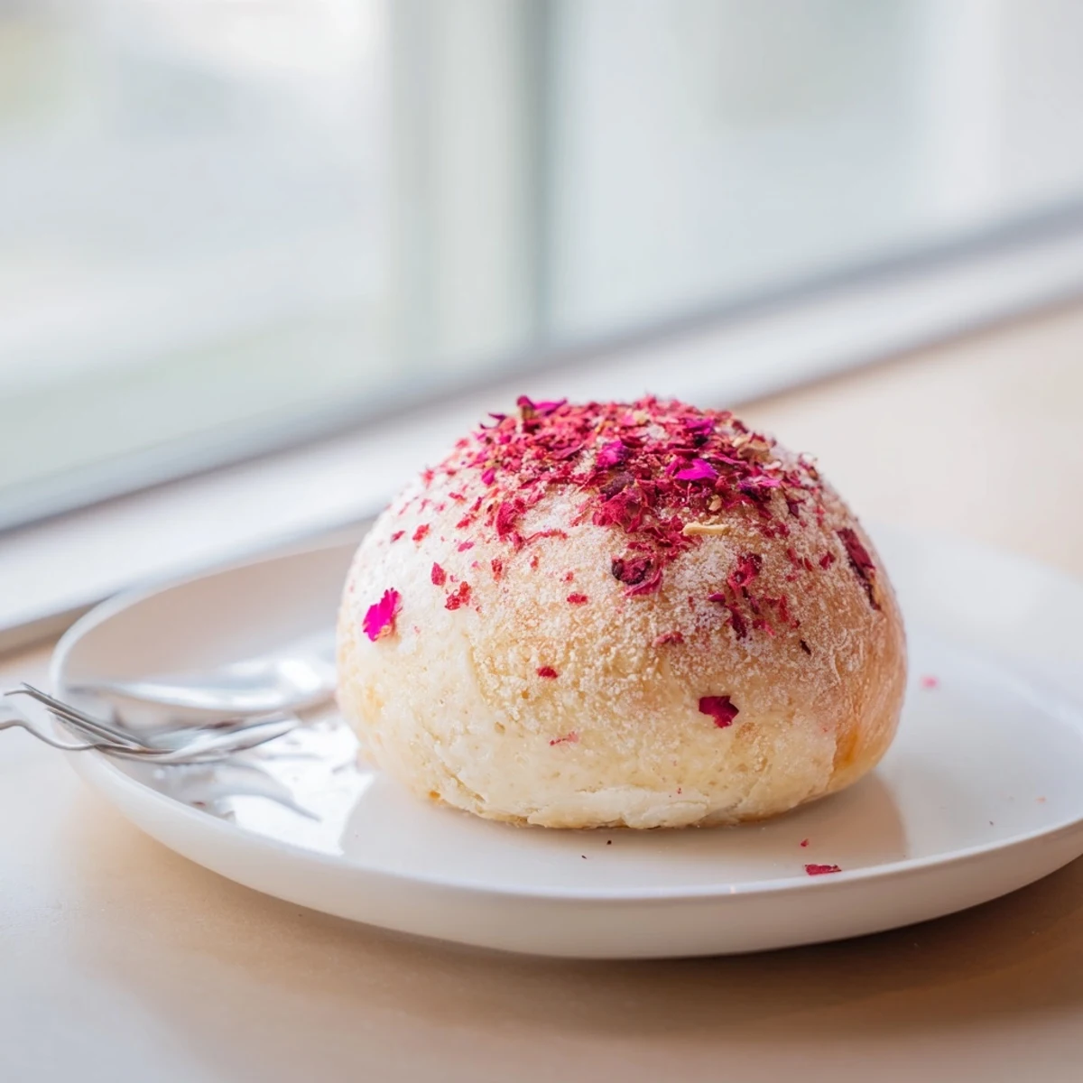 Soft pillowy buns filled with creamy rose cheesecake and vibrant red raspberry centers