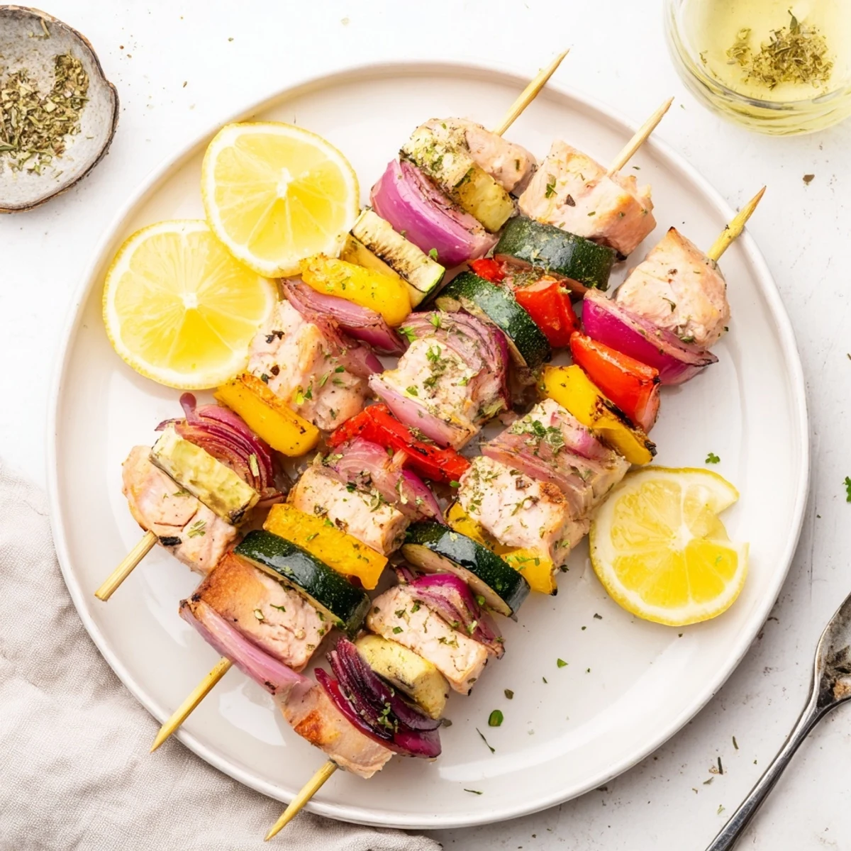 Greek Marinated Chicken Kabobs glistening with char, skewered with peppers and zucchini