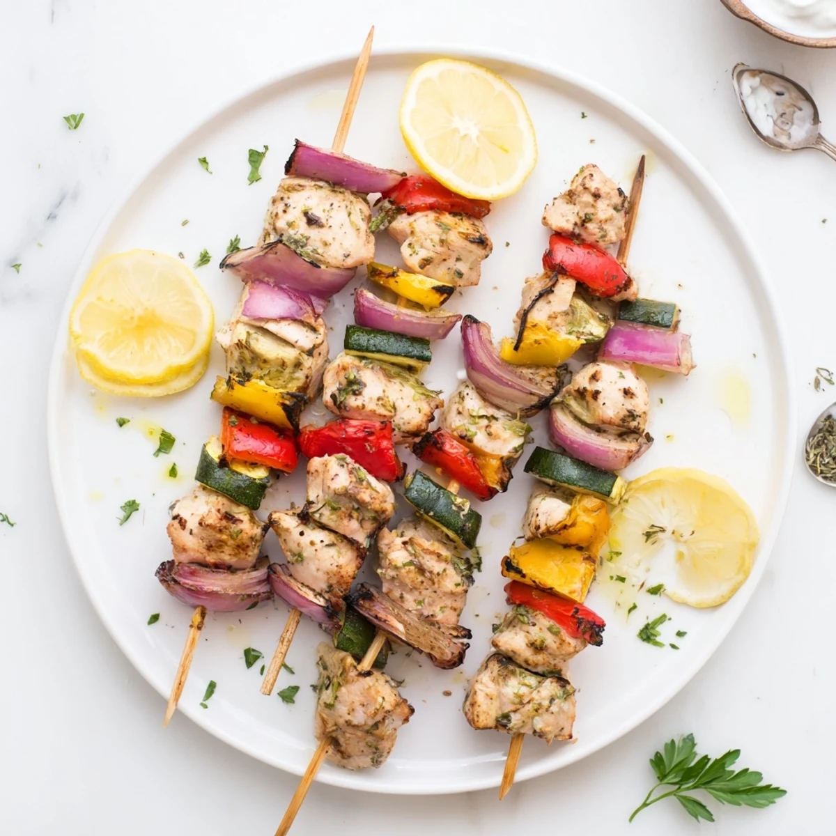 Grilled Greek Marinated Chicken Kabobs served with lemon wedges and fresh chopped parsley