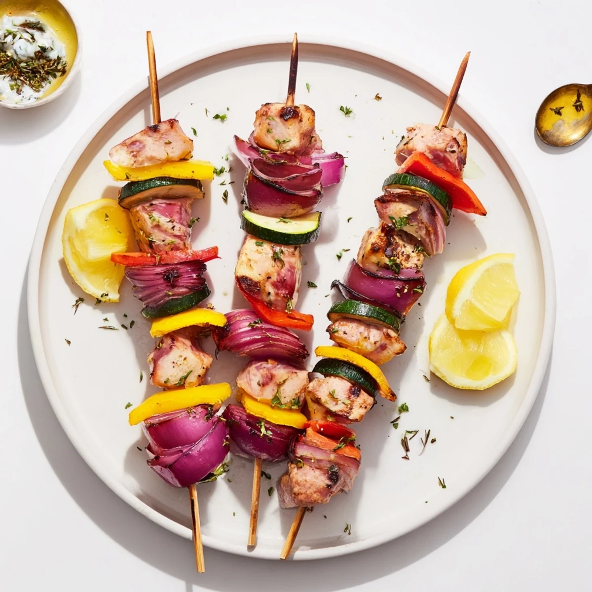 Sizzling Greek Marinated Chicken Kabobs releasing lemon-garlic aroma over a hot backyard grill