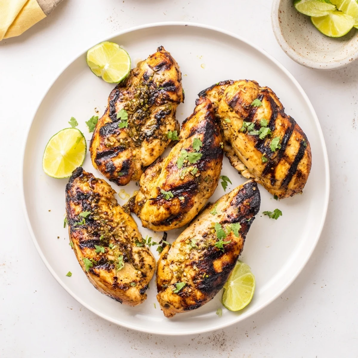 Key West Grilled Chicken glistening with honey lime glaze, cilantro and lime wedges