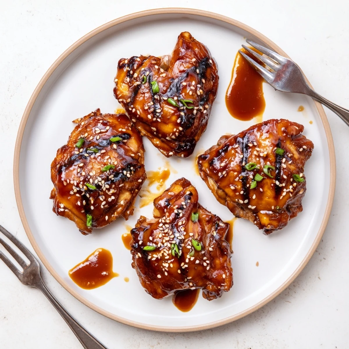 Grilled Japanese BBQ Chicken Thighs on rice, smoky aroma, scallions and sesame