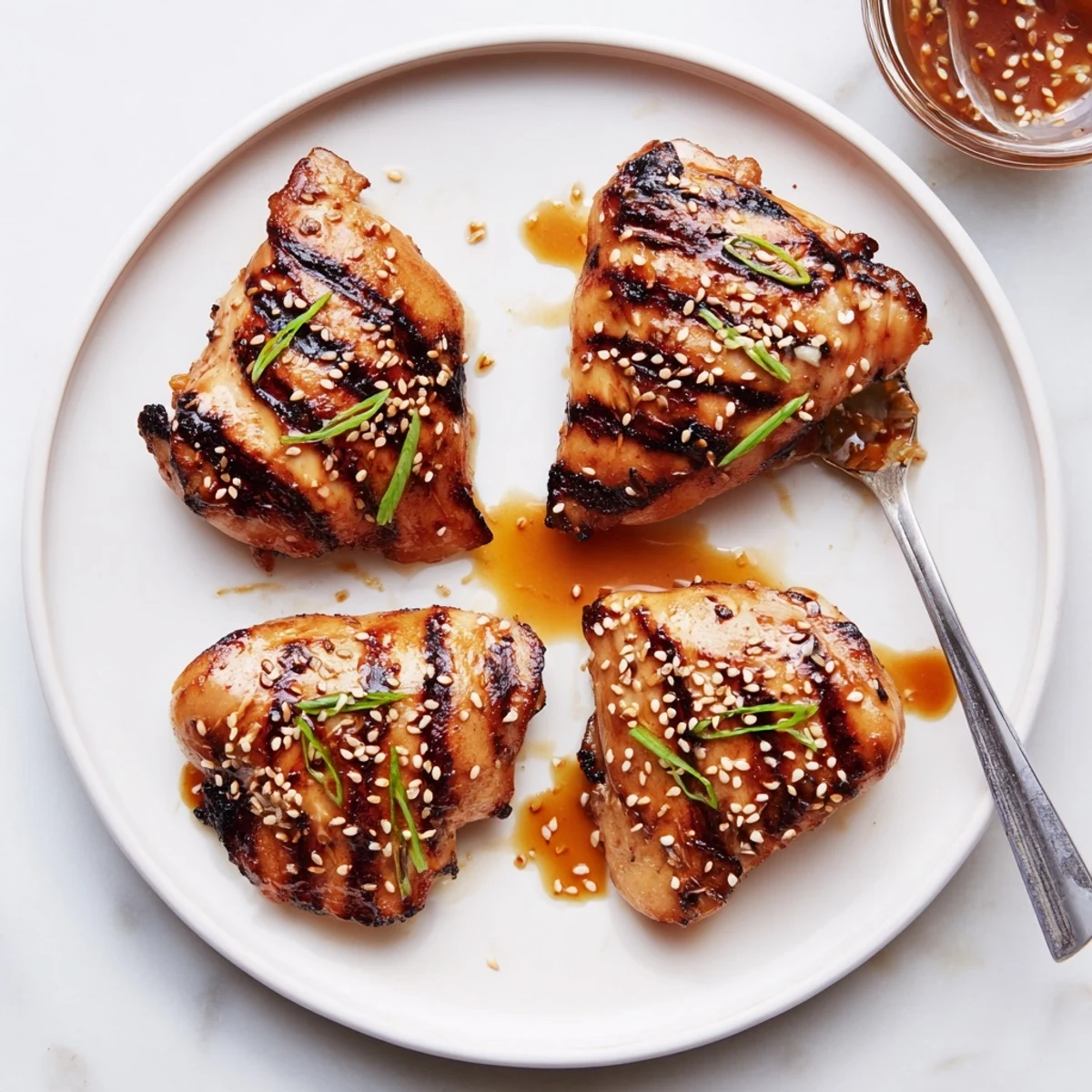 Japanese BBQ Chicken Thighs glistening with sticky sauce, charred edges, sesame sprinkle