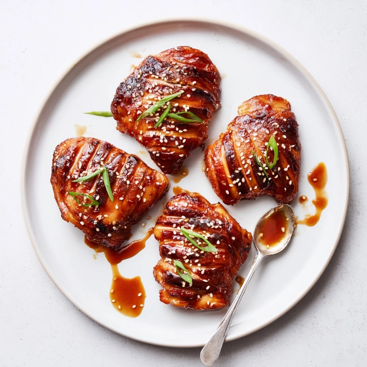 Juicy Japanese BBQ Chicken Thighs brushed with reduced glaze, toasted sesame, green onions