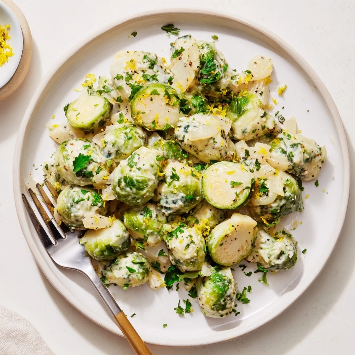 Golden tender Brussels sprouts coated in melted Boursin cheese with fresh herbs