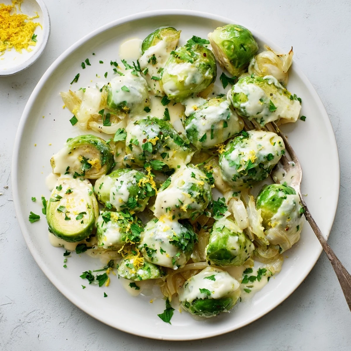 Sautéed halved Brussels sprouts swimming in garlic herb cheese sauce with lemon zest