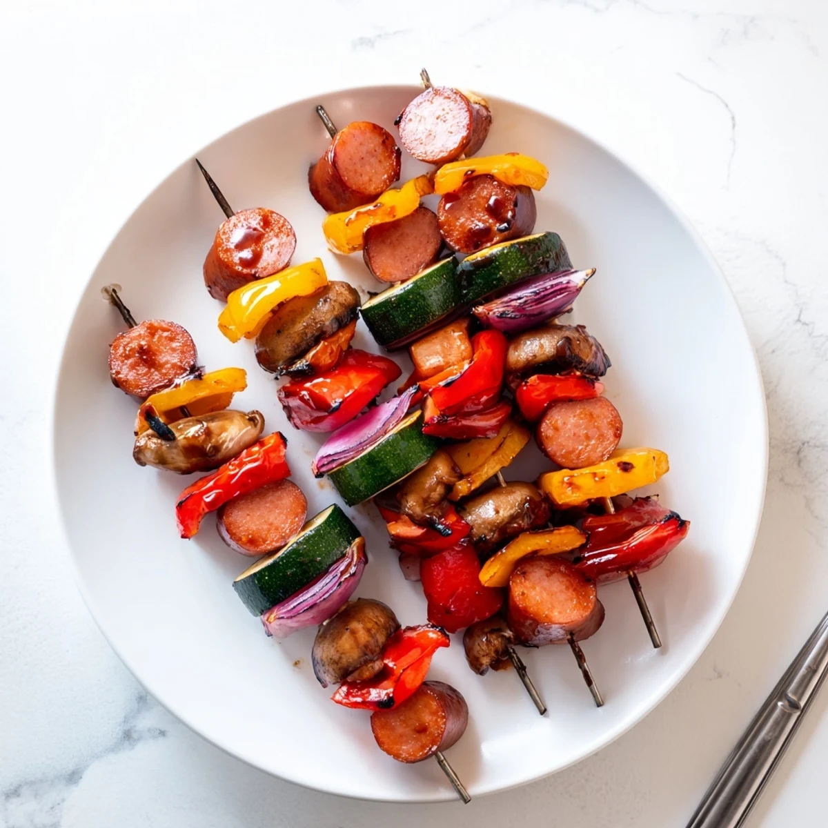 Golden grilled kielbasa kabobs with colorful vegetables coated in shiny balsamic honey glaze on a white plate