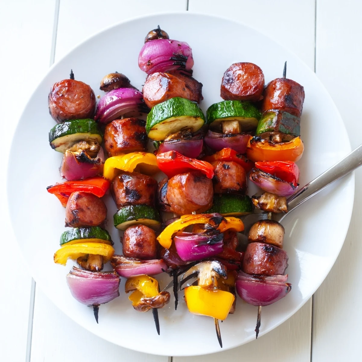Wooden skewers loaded with smoky sausage chunks and zucchini rounds brushed with caramelized balsamic honey glaze