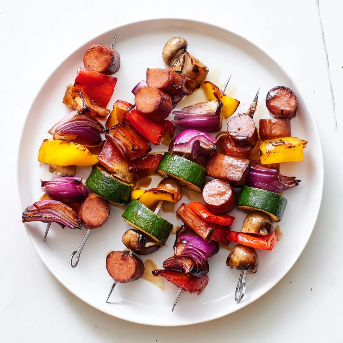 Summer grilling spread featuring skewered kielbasa and bell peppers basted with tangy sweet honey balsamic sauce