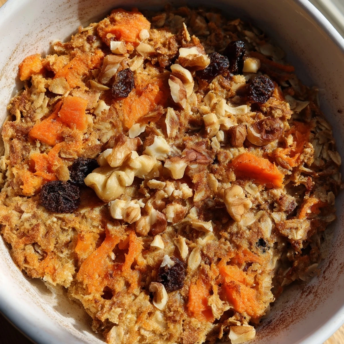 Warm square of spiced carrot cake baked oatmeal topped with shredded coconut