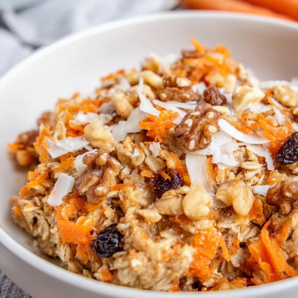 Golden brown carrot cake baked oatmeal sprinkled with chopped walnuts and raisins