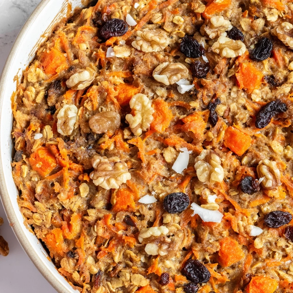 Wholesome carrot cake baked oatmeal served in a baking dish with grated carrots visible
