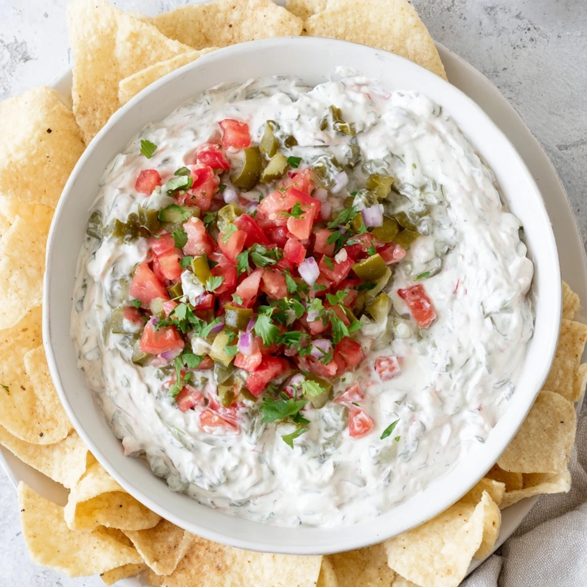 Creamy pickle ranch dip topped with vibrant pico de gallo in a serving bowl