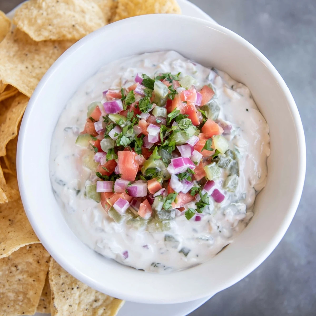 Tangy ranch dip with chopped dill pickles and colorful pico de gallo topping