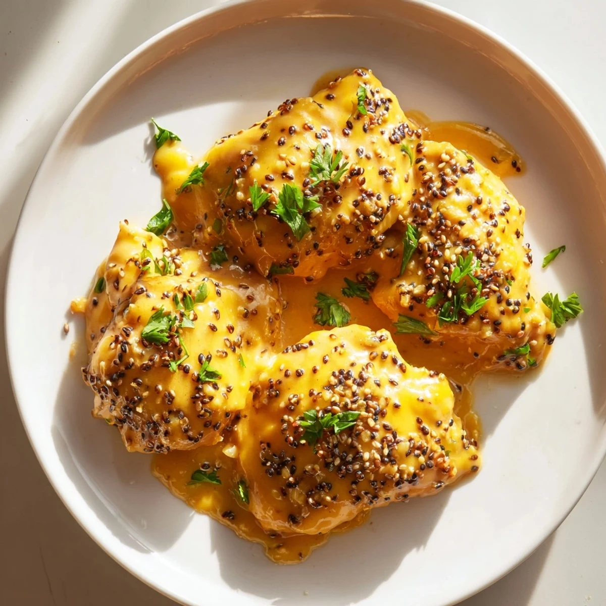 Golden glazed oven baked honey mustard chicken with fresh parsley garnish on a white serving plate