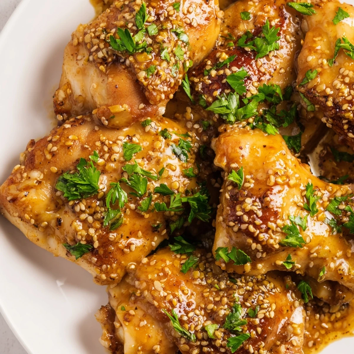 Savory oven baked honey mustard chicken with caramelized edges and glistening sauce on a wooden board