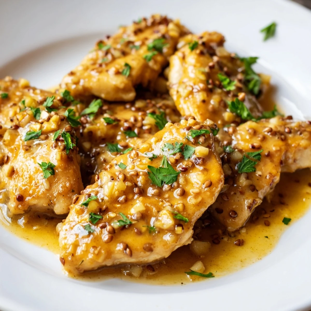 Juicy chicken breasts coated in sweet tangy honey mustard sauce fresh from the baking dish