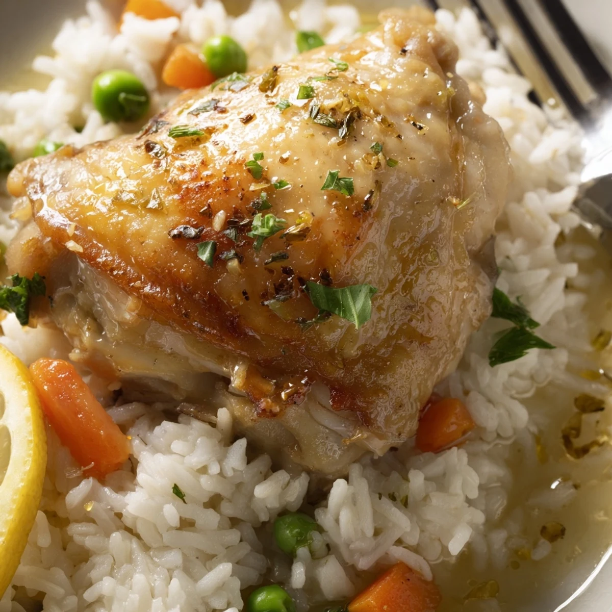 Slow Cooker Lemon Herb Chicken And Rice steaming in bowl, bright lemon aroma