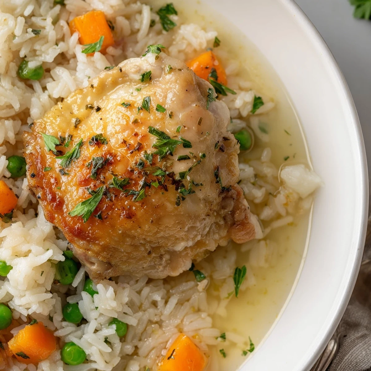 Spoonful of tender, herby chicken from Slow Cooker Lemon Herb Chicken And Rice
