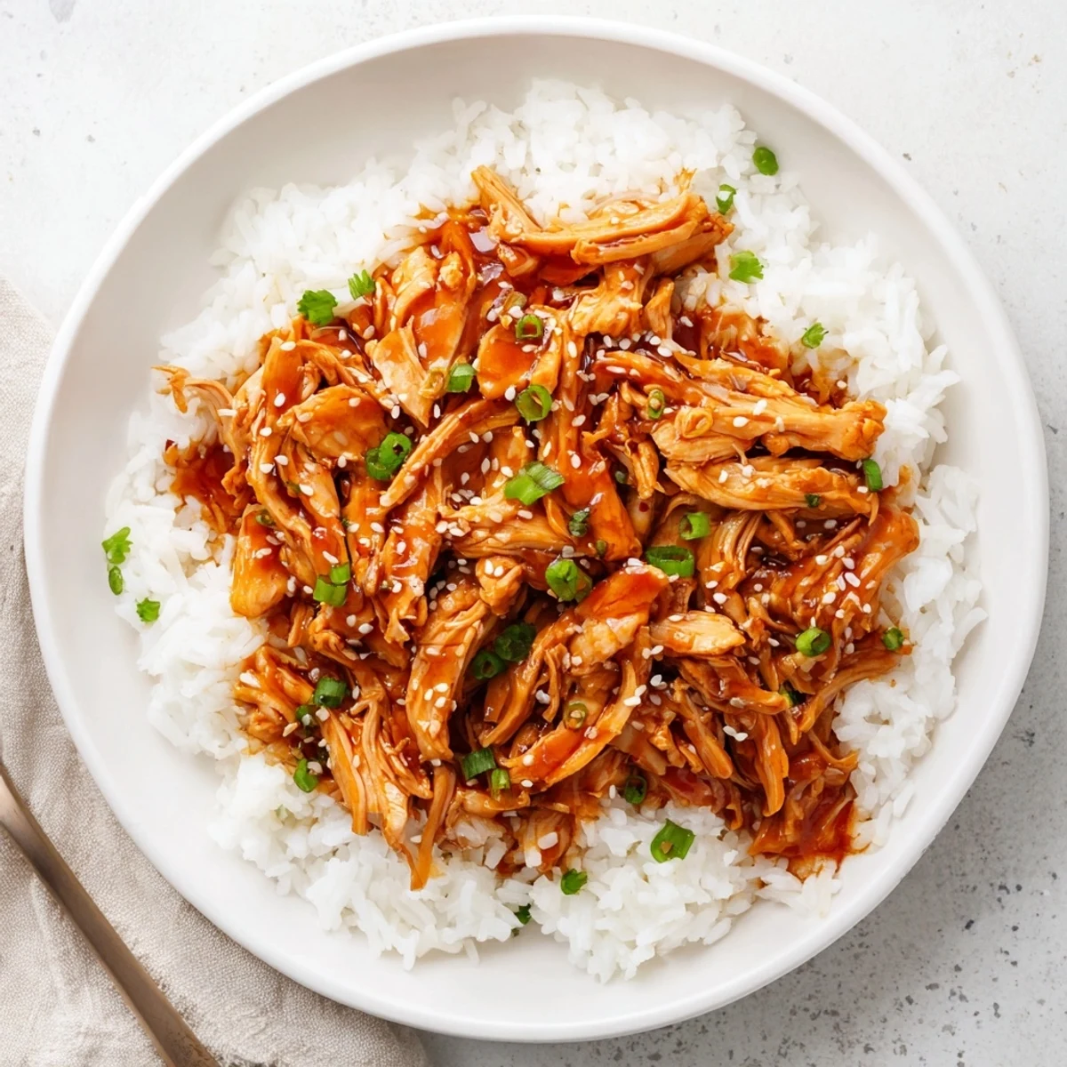Steaming bowl of rice topped with Crockpot Honey Garlic Chicken and scallion garnish