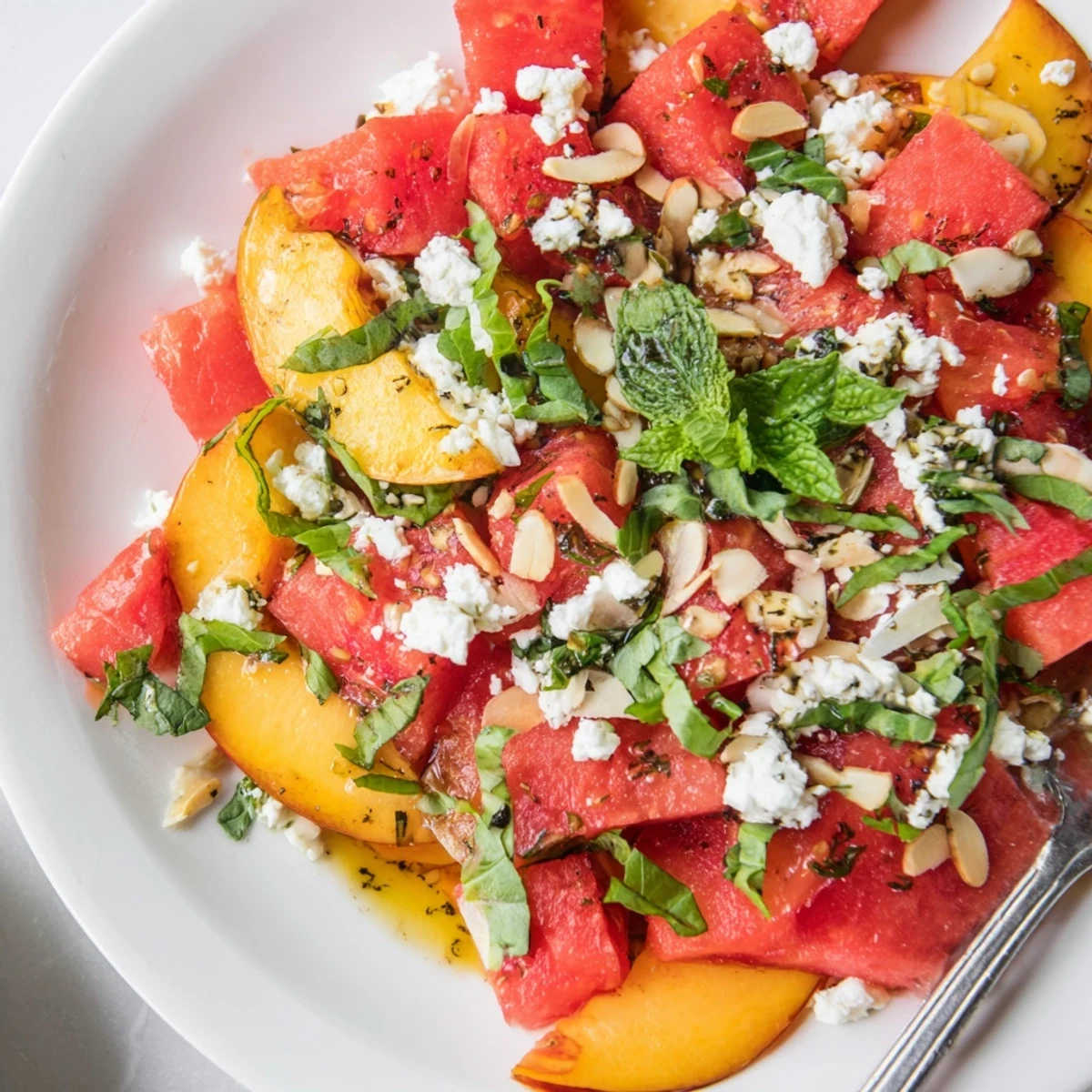 Chilled Peach Watermelon Salad With Feta tossed with fresh mint and basil.