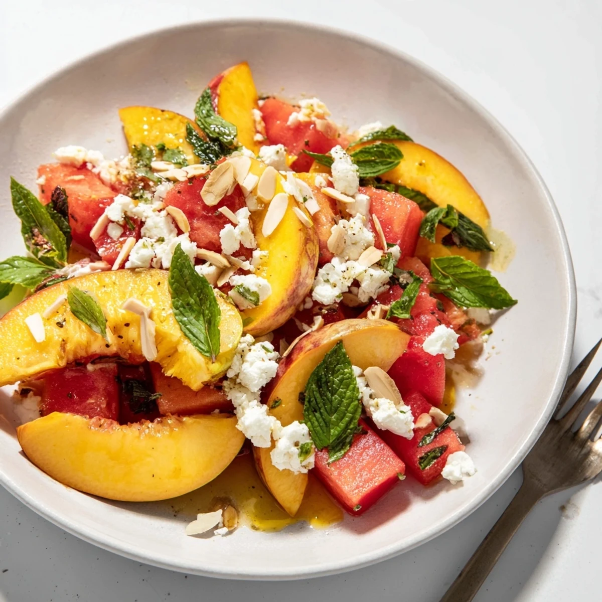 Bright Peach Watermelon Salad With Feta drizzled with lime and honey.