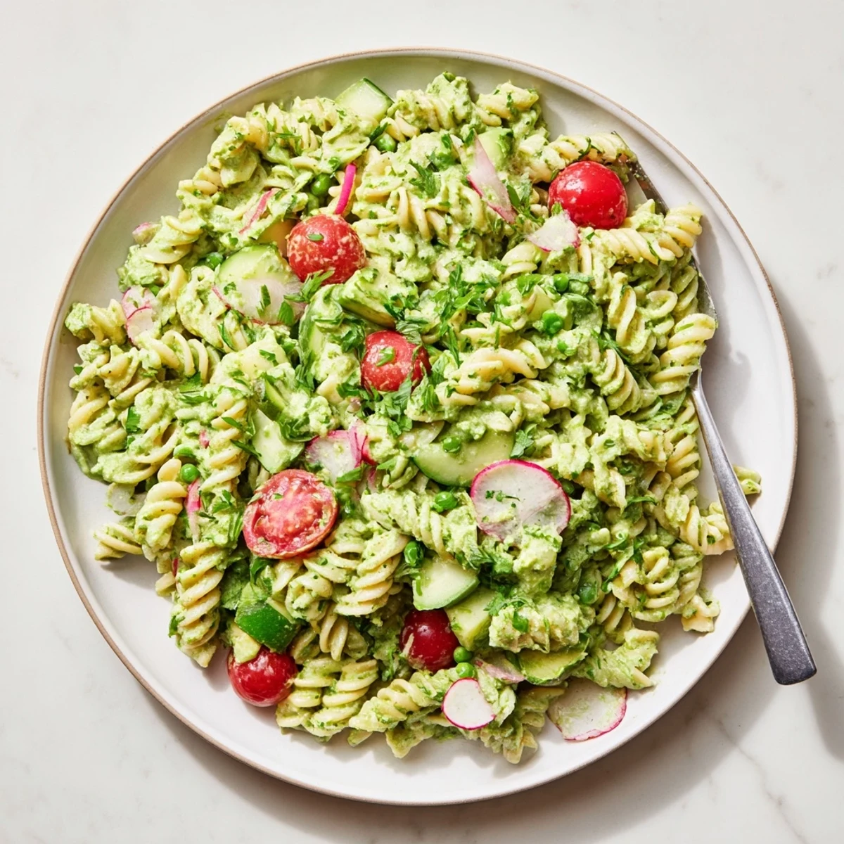 Green Goddess Pasta Salad on picnic plate, creamy herbs, crisp vegetables visible