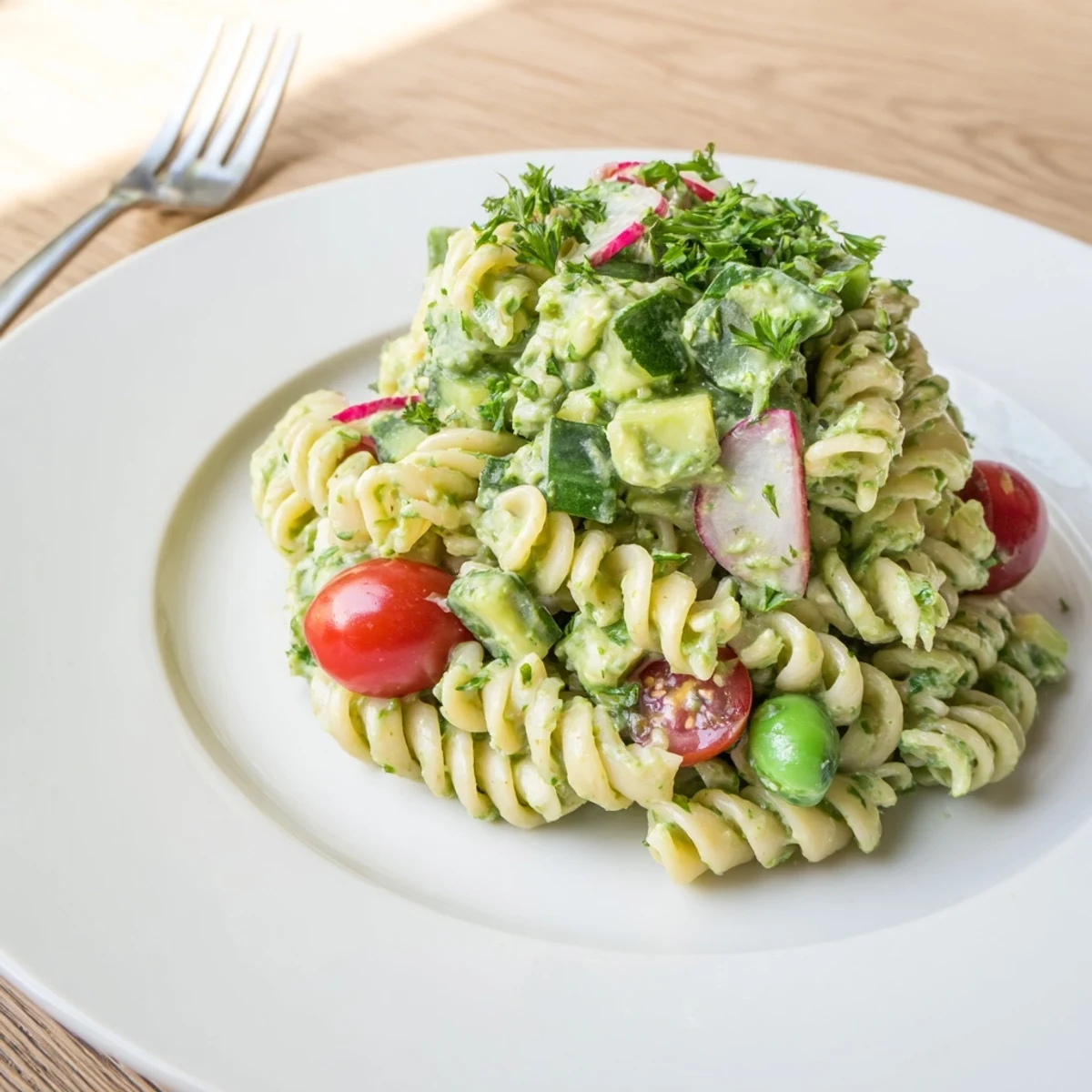 Bright Green Goddess Pasta Salad tossed with al dente noodles and lemony dressing