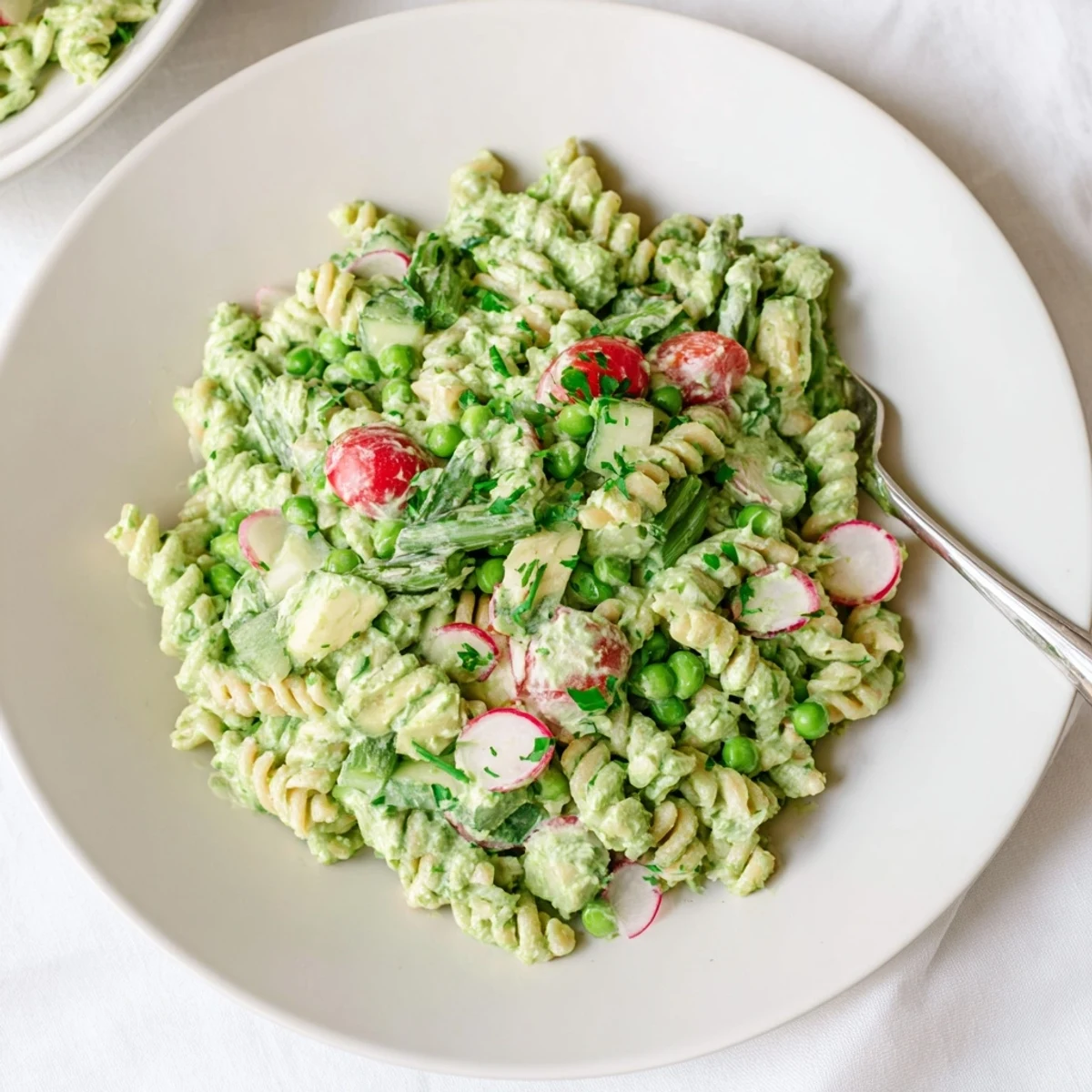 Chilled Green Goddess Pasta Salad garnished with chopped chives, ready for barbecues