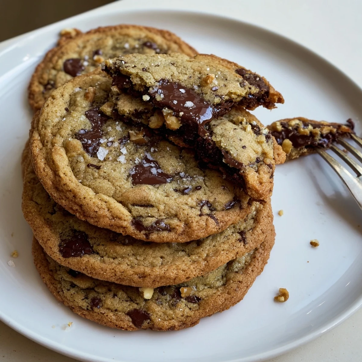 Warm Chocolate Chip Cookies stacked on plate, buttery aroma and melty chips.