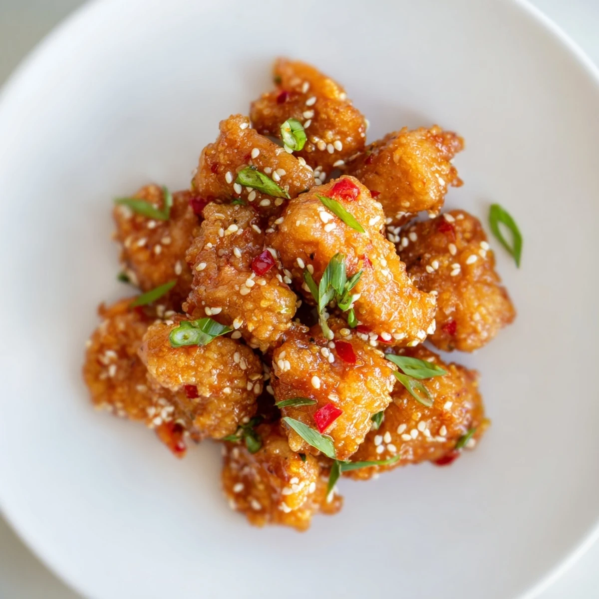 Crispy Sweet Tangy Garlicky Bang Bang Chicken topped with scallions and sesame