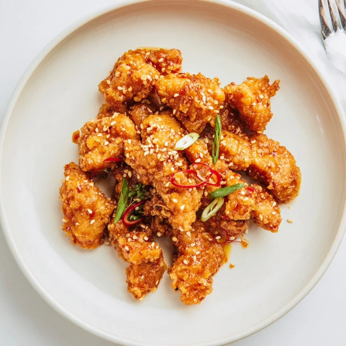 Golden Sweet Tangy Garlicky Bang Bang Chicken tossed in glossy spicy honey sauce