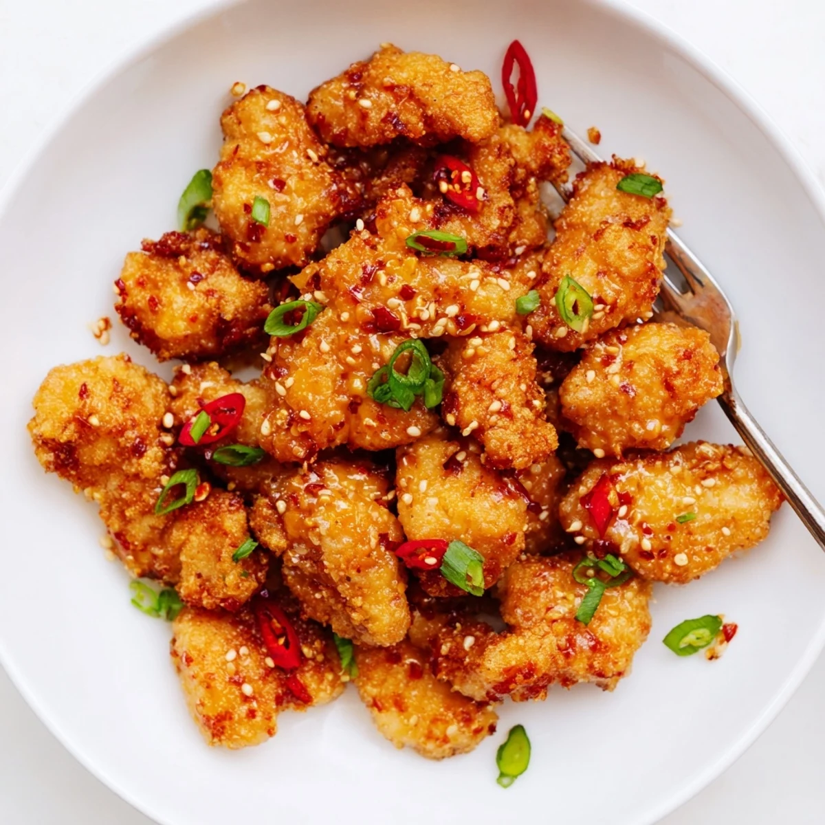 Warm Sweet Tangy Garlicky Bang Bang Chicken served over jasmine rice, garnished with cilantro