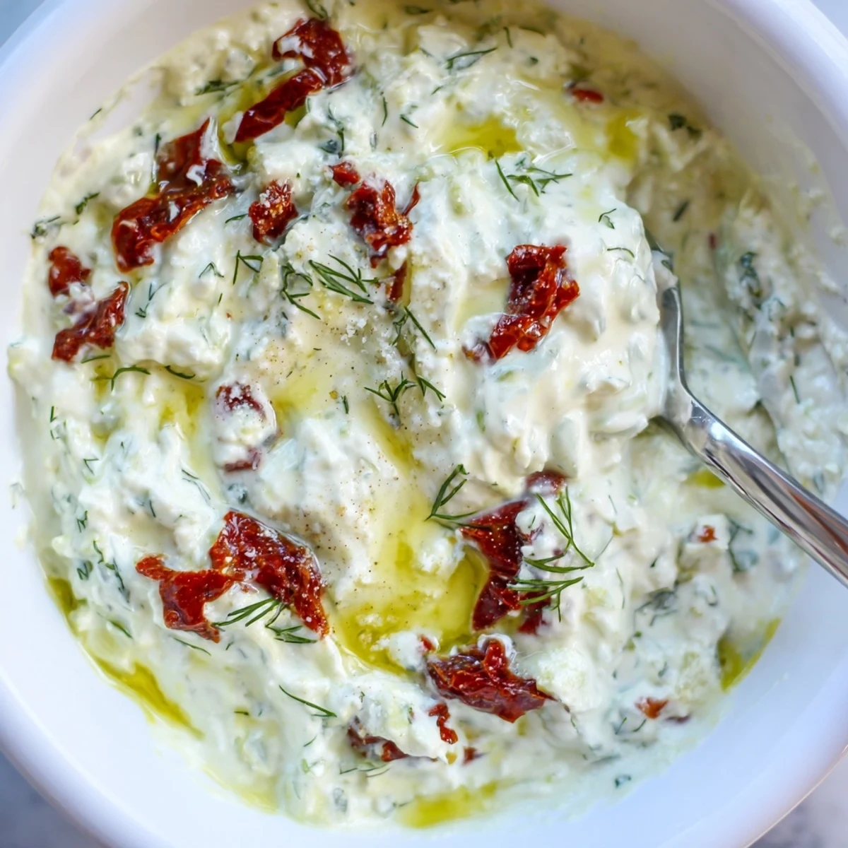Creamy Sun Dried Tomato Tzatziki in bowl, chilled, drizzled with olive oil