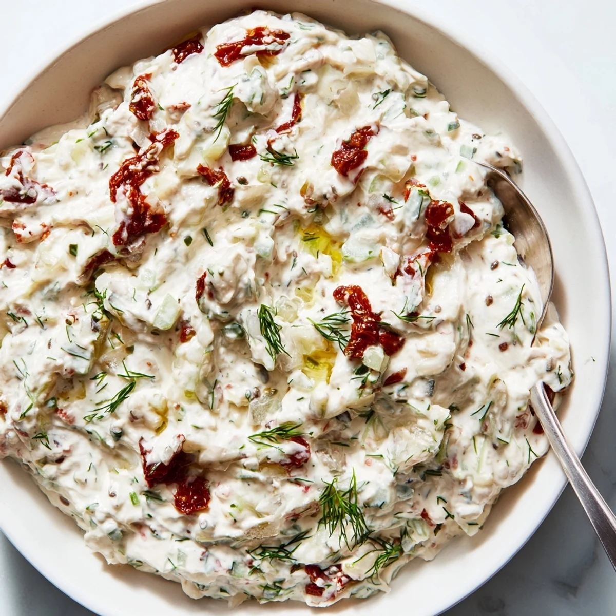 Homemade Creamy Sun Dried Tomato Tzatziki; cool, tangy spread for vegetables