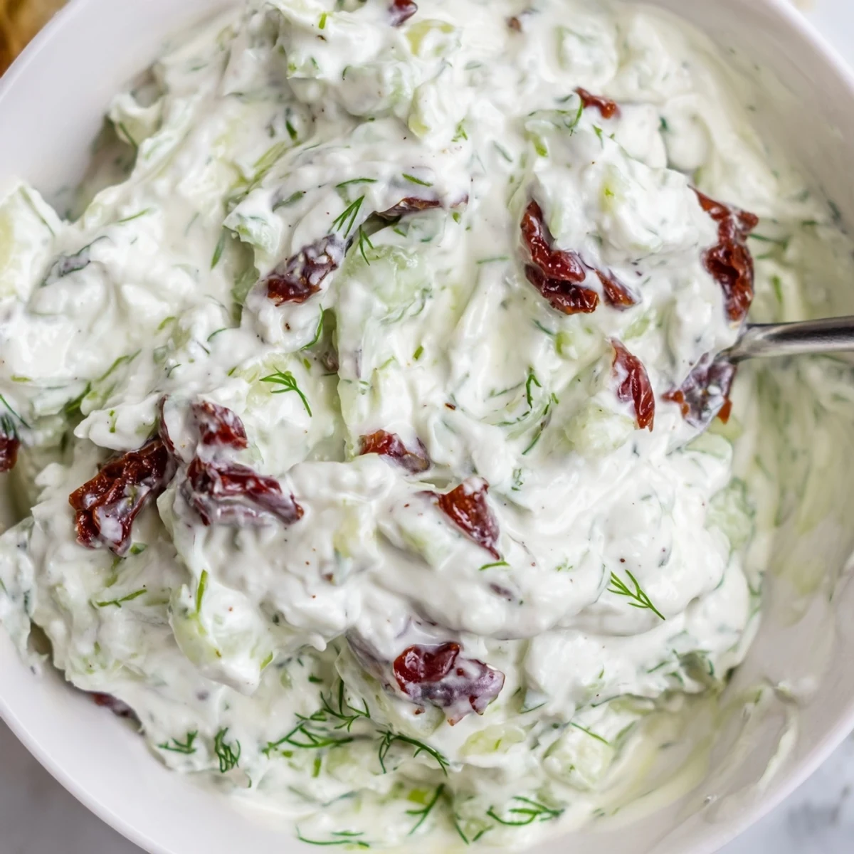 Bright Creamy Sun Dried Tomato Tzatziki studded with dill, served with pita