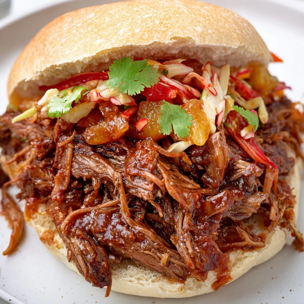 Pineapple Chili Pulled Beef Sandwiches piled high on toasted buns, juicy steam
