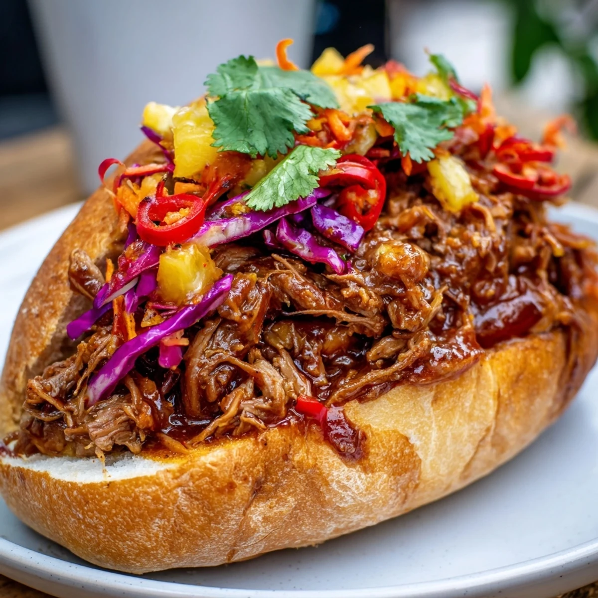 Topped with crisp red cabbage, Pineapple Chili Pulled Beef Sandwiches taste tangy and spicy