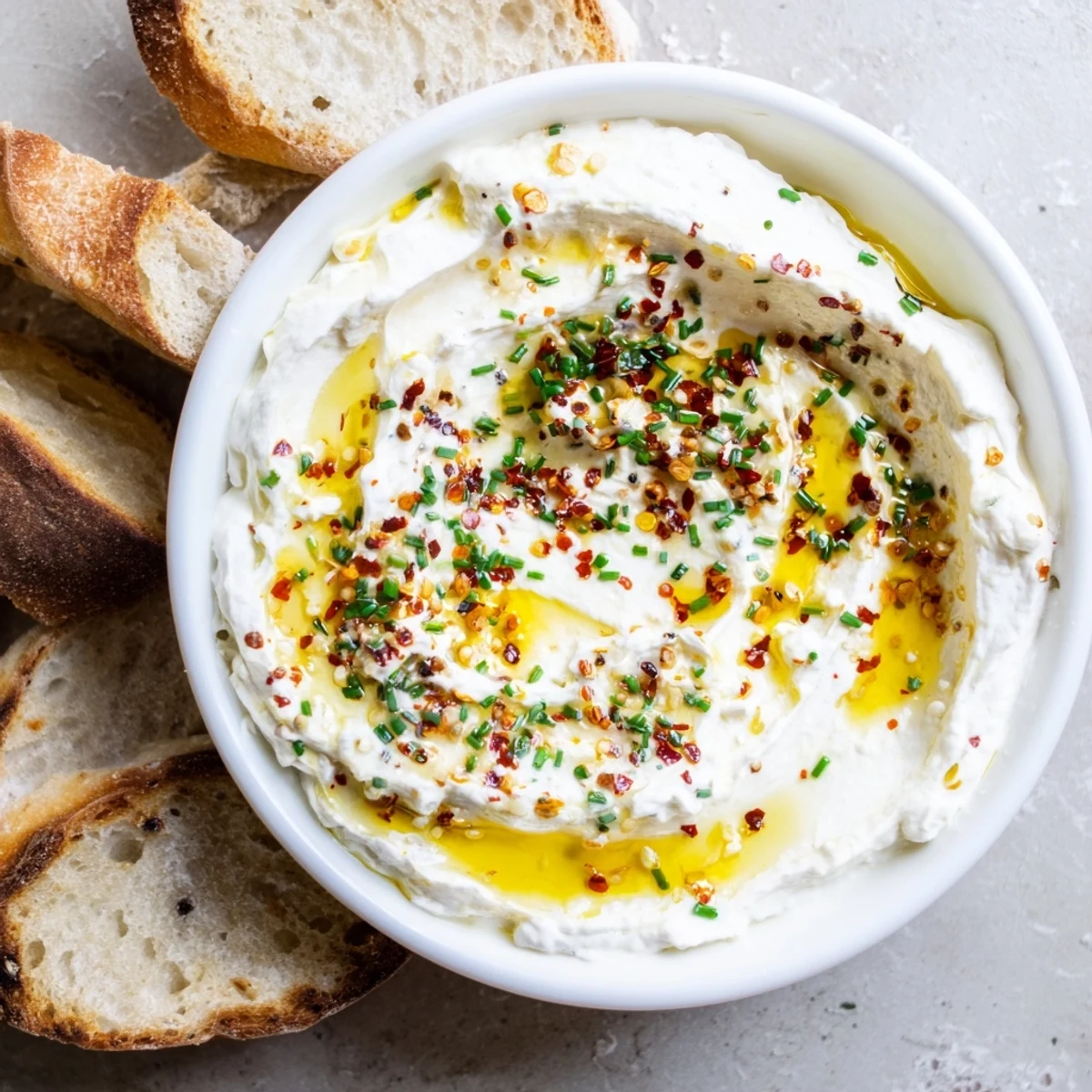 Creamy whipped feta dip drizzled with spicy honey and garnished with fresh herbs