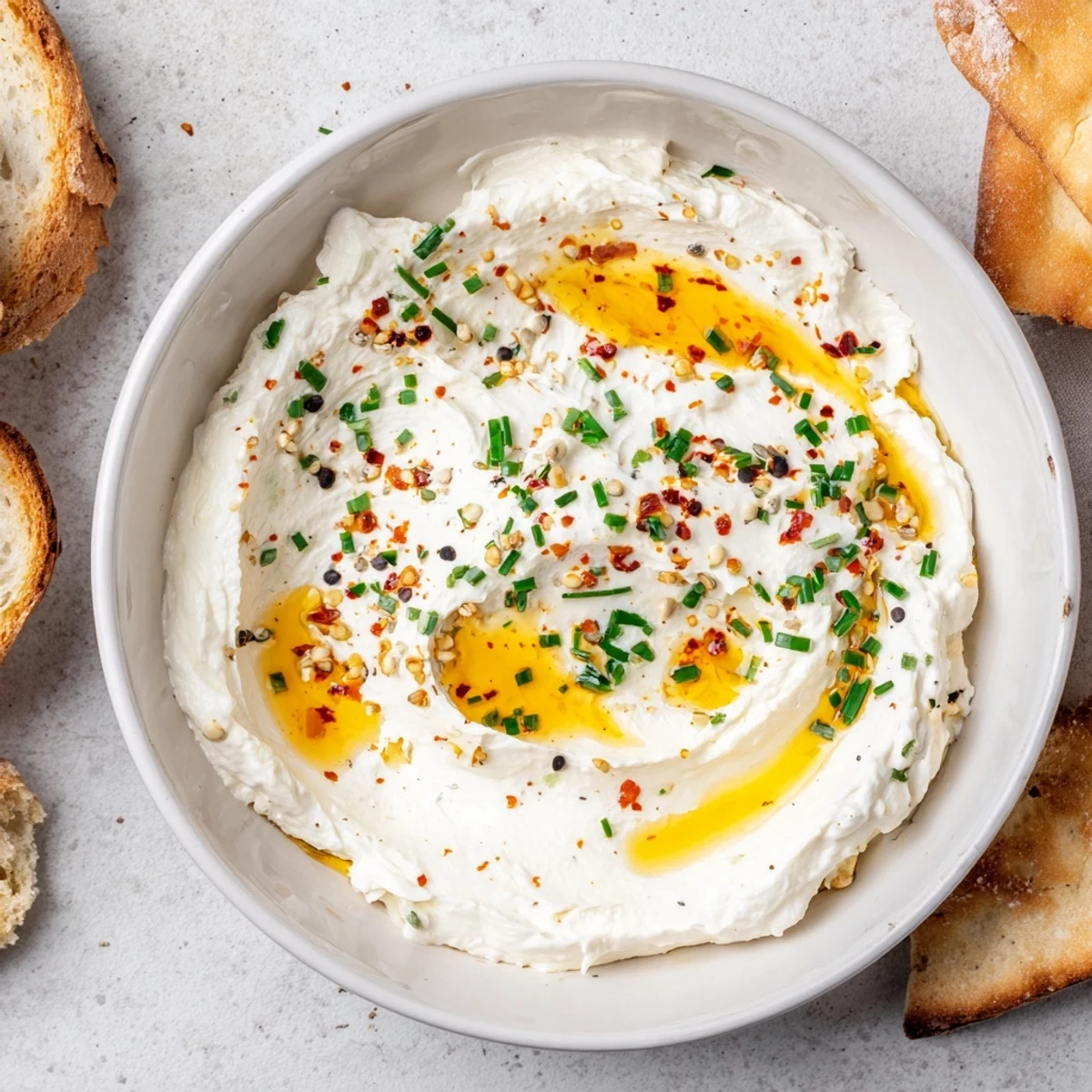 Smooth feta cheese spread topped with warm hot honey served with crusty bread