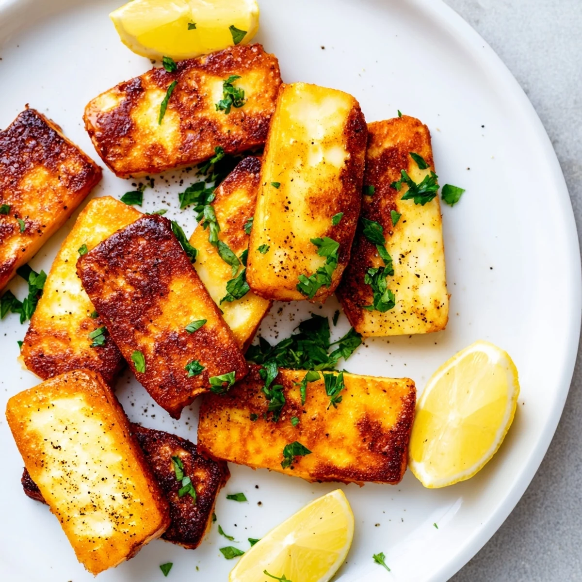 Golden pan fried halloumi cheese with fresh lemon wedges and chopped parsley garnish