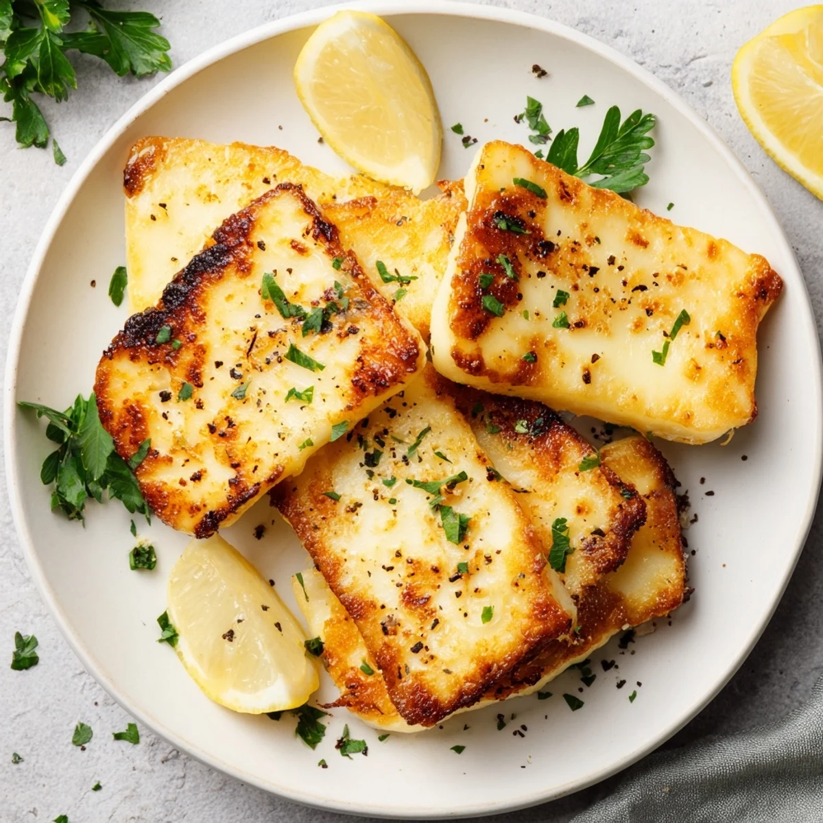Crispy Mediterranean halloumi slices sizzling in skillet with olive oil and black pepper