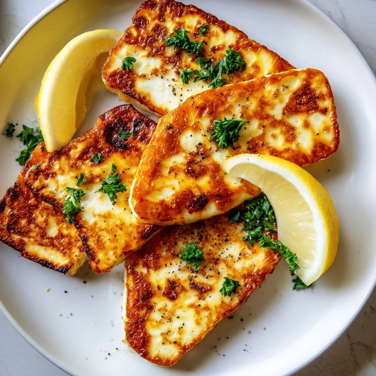 Delicious pan fried halloumi appetizer served with lemon on white plate close up