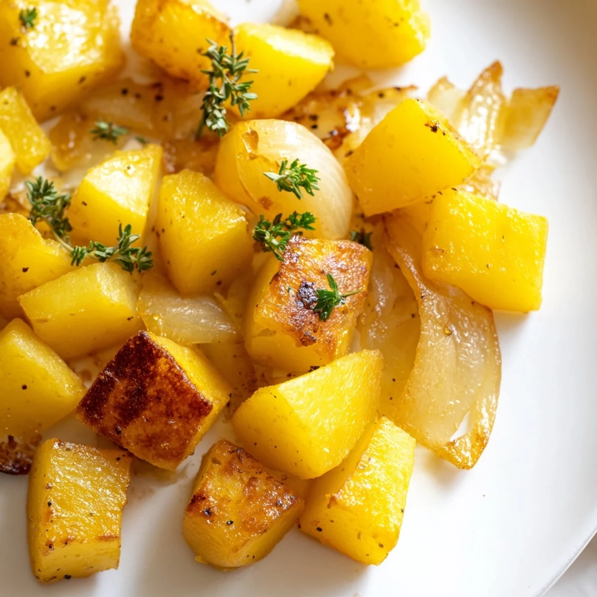 Crispy roasted potatoes and onions tossed with olive oil and fragrant dried thyme